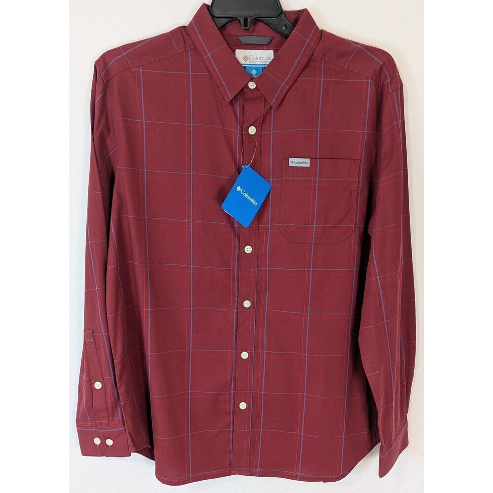 Columbia Men's L Vapor Ridge III Long Sleeve Plaid Button Up Shirt NWT Burgundy